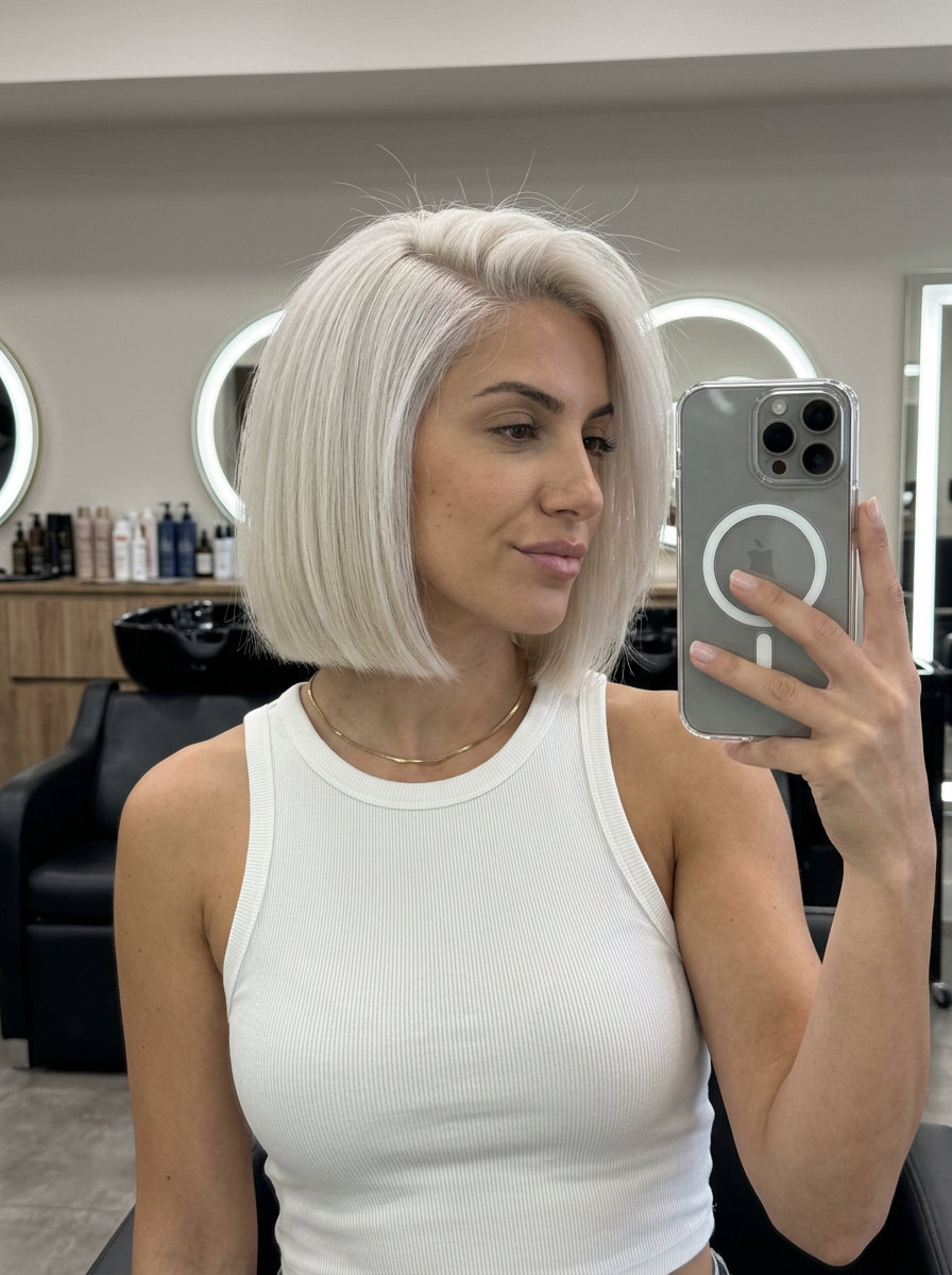 Icy Marshmallow Bob: Edgy Summer Blonde 2026 chin-length bob haircut in Icy Marshmallow blonde with blunt cut and deep side part for events