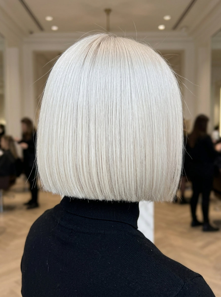Icy Marshmallow Bob: Bold Blonde 2026 chin-length icy marshmallow blonde blunt bob with razor-sharp perimeter and no layers for modern look
