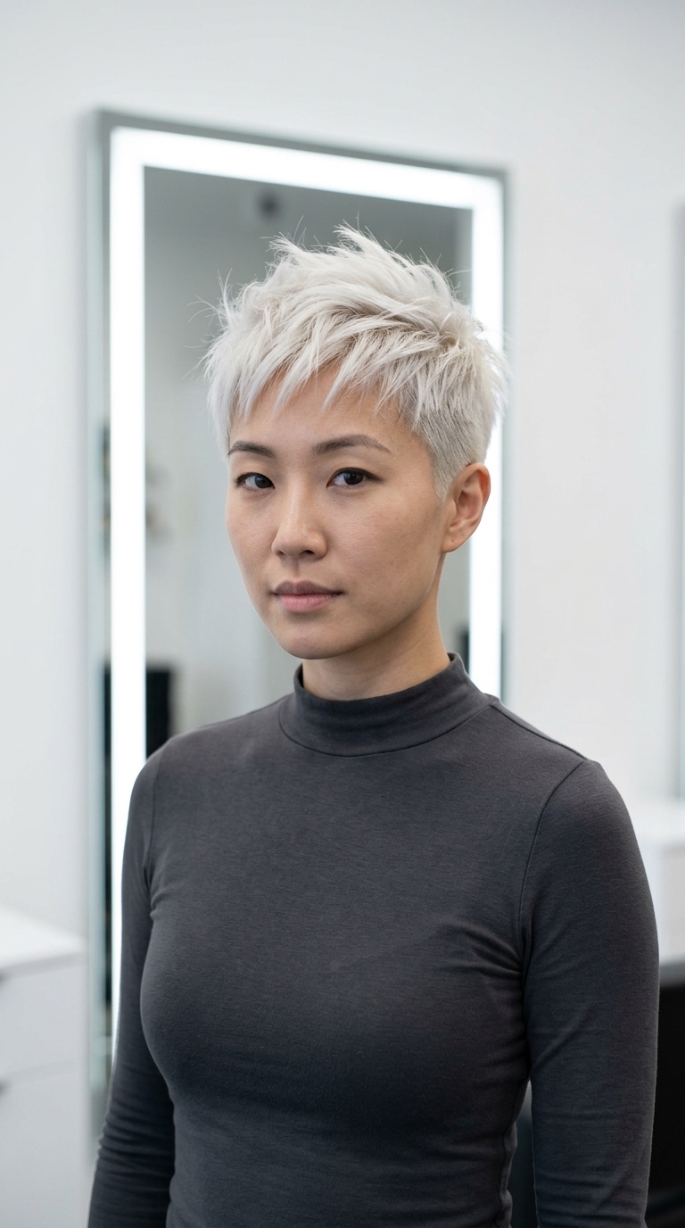 Icy Marshmallow Pixie 2026 short razored pixie blonde with tapered sides, spiky texture — edgy avant-garde style