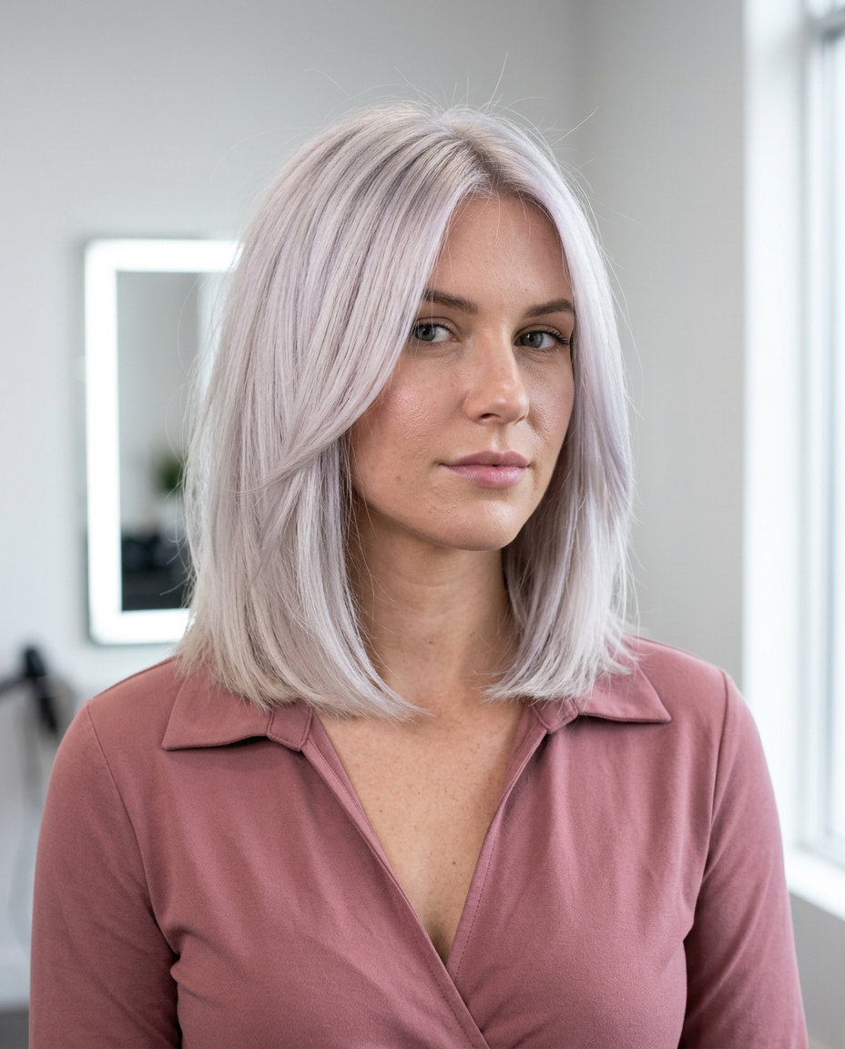 Icy Platinum Ghost Lob 2026 medium layered lob haircut with icy platinum blonde, ghost layers, no bangs — edgy summer 2026
