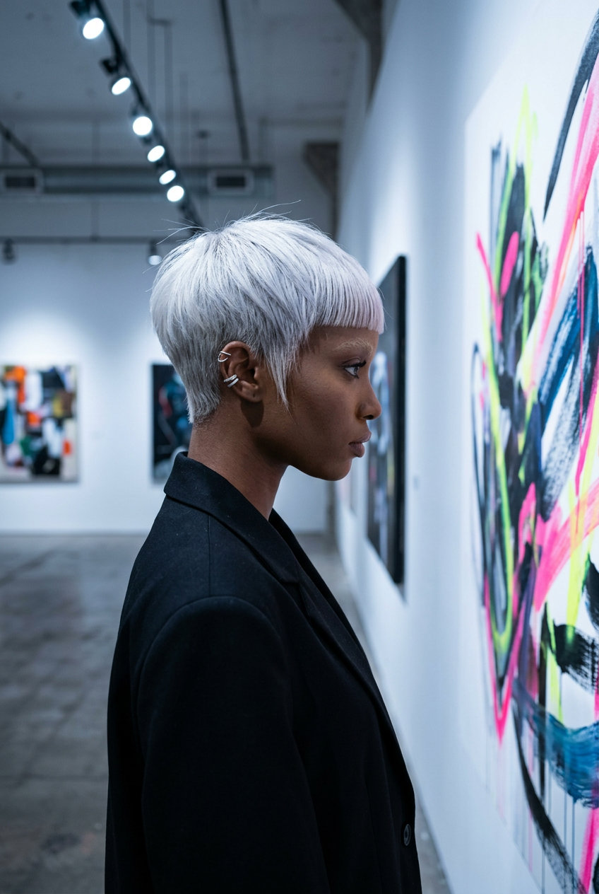 Edgy Platinum Pixie with Micro Fringe 2026 short platinum pixie haircut with textured layers and micro-fringe for summer