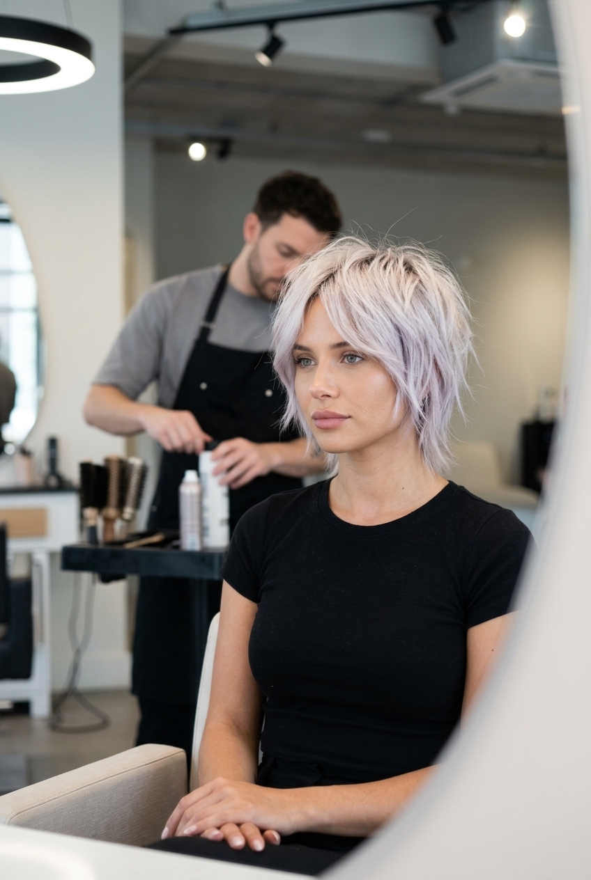 super short messy shag haircut with icy platinum color, razored layers, and choppy fringe for summer