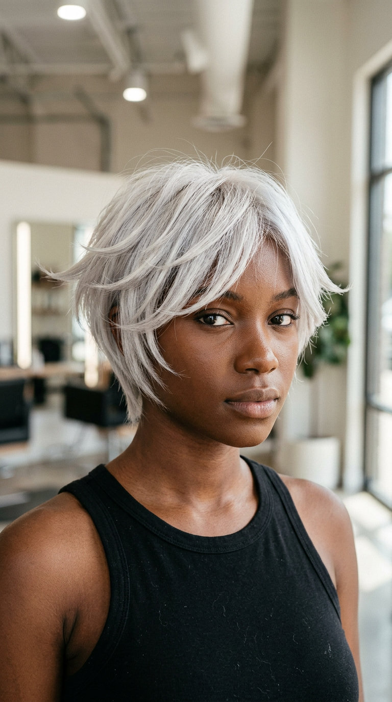 very short butterfly haircut with icy platinum blonde and silver undertones, sharply defined layers, tapered back for edgy style