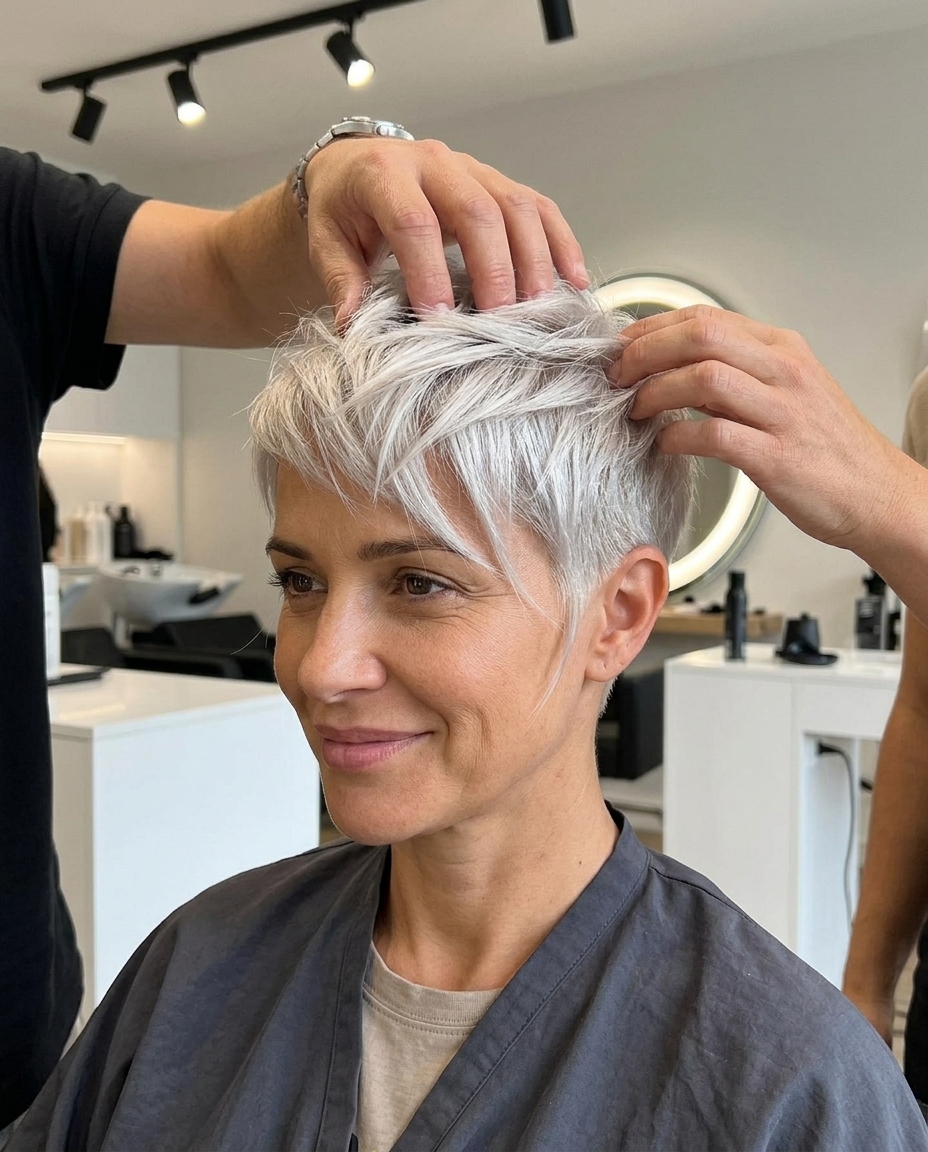 very short pixie haircut with icy platinum blonde, tapered sides, point-cut top — bold modern style