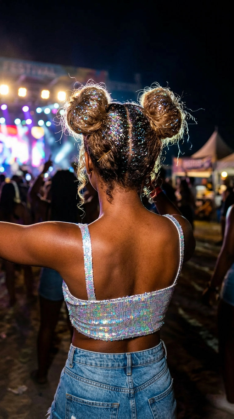 long braided space buns with iridescent glitter and metallic rings for a festive outdoor concert