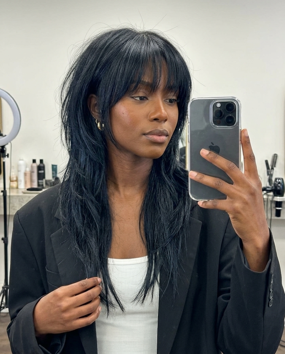 long messy shag haircut in jet black with blue-black undertones and razored layers for edgy look