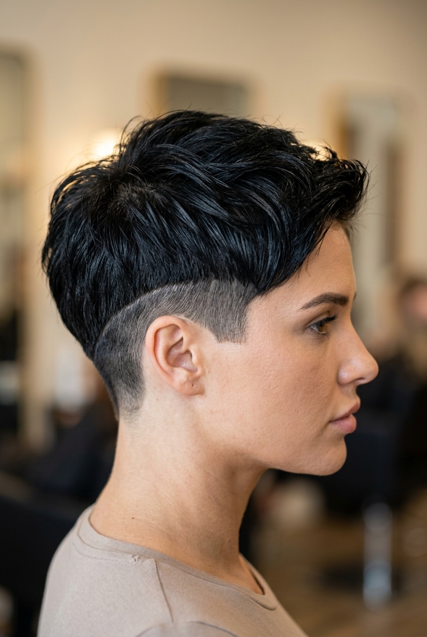 very short pixie haircut in jet black with cool violet undertones, undercut with micro-fringe for edgy night out