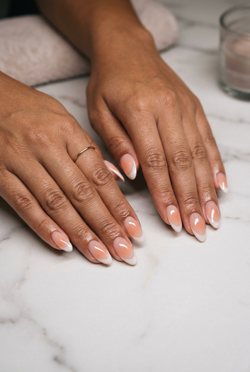 Blushing Aura French nails for june nails 2026 summer trends. Romantic, soft glam.