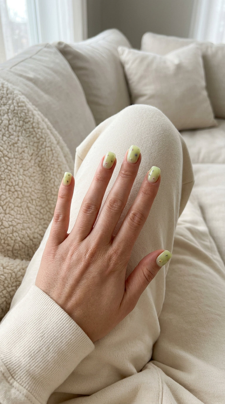 Charming Lime Milk Bath Roses nails for June 2026 summer trends: sheer lime green with dried flowers.