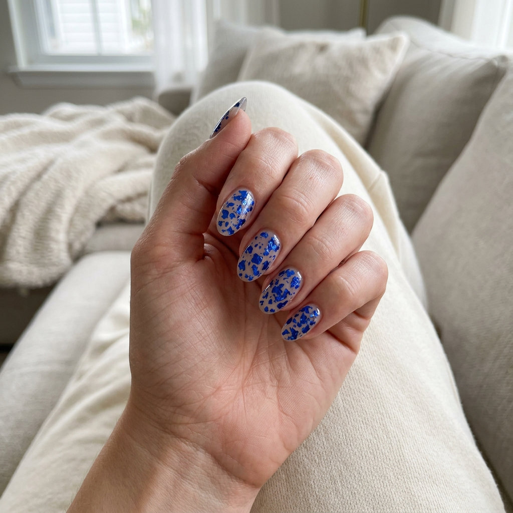 Cobalt blue foil flake nails for June 2026, a futuristic party look. Medium oval nails with scattered foil.