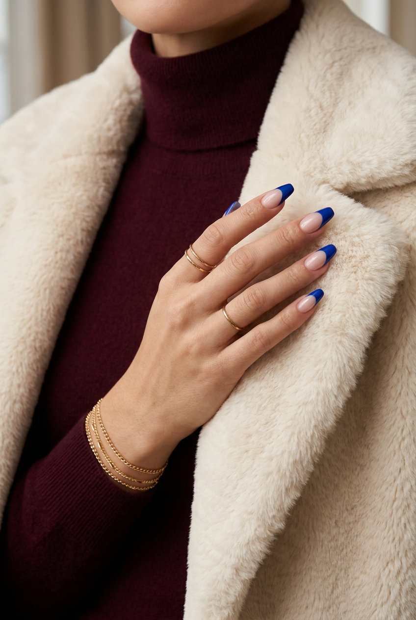 Edgy cobalt blue reverse French tip nails for June 2026, modern night out style. Long stiletto nails with blue cuticle line.