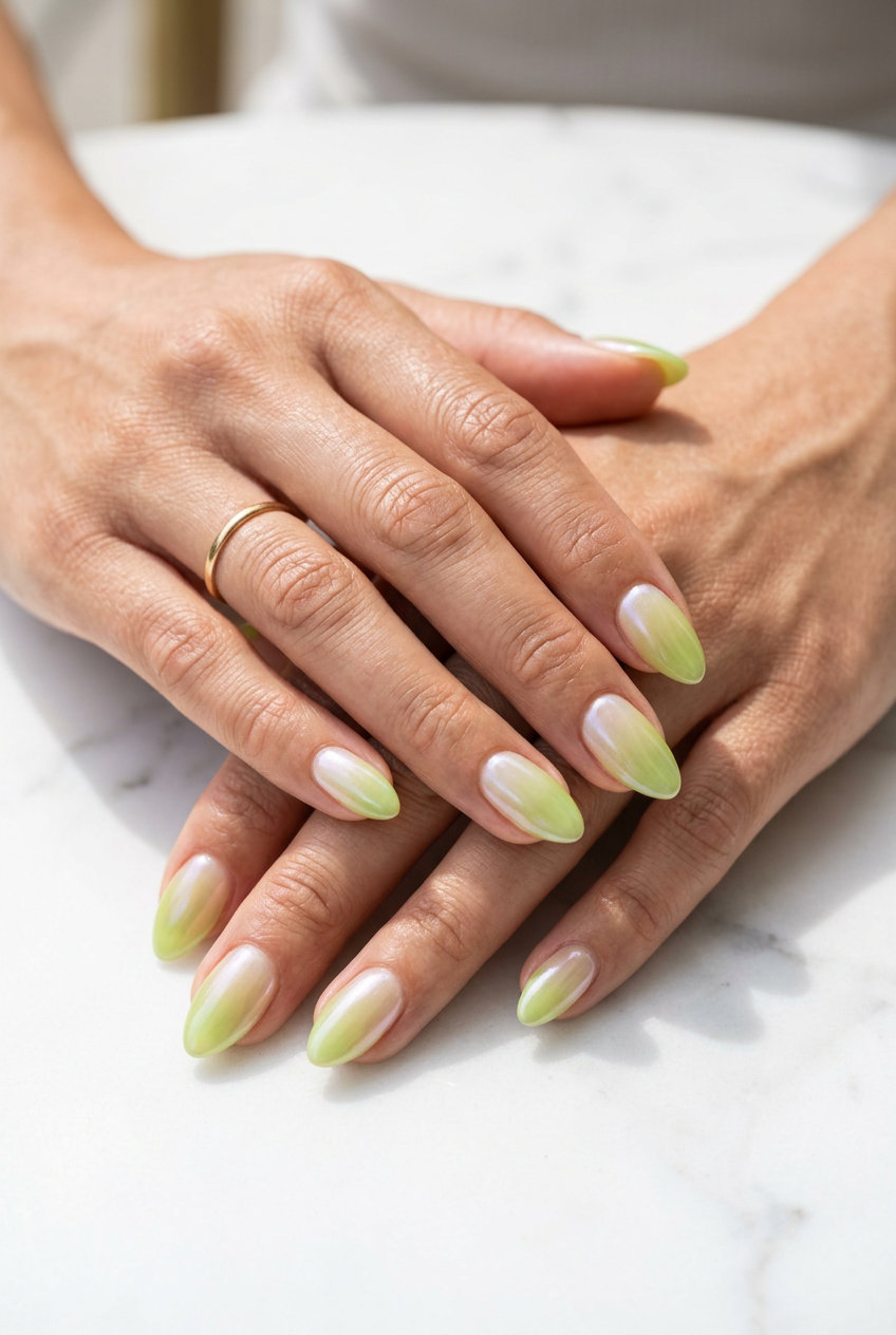 Lime Green Glazed Donut Ombre nails for june nails 2026 summer trends. Juicy, ethereal look.