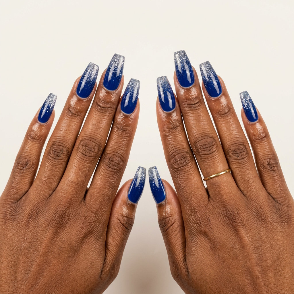 Midnight Sparkle Ombre nails for june nails 2026 summer trends. Glamorous, festive.