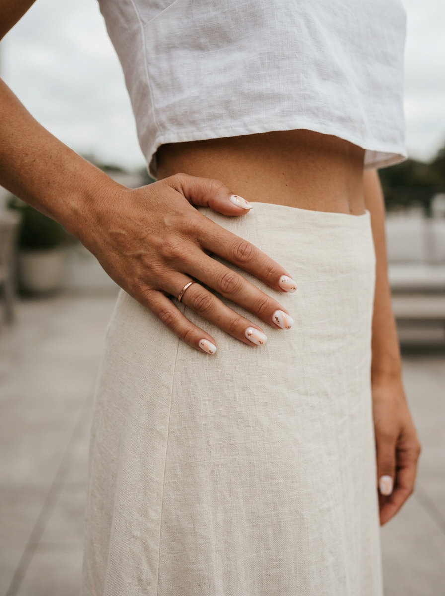 Dreamy peach fuzz milky swirl nails for June 2026, romantic daily style. Medium almond nails with marble effect.
