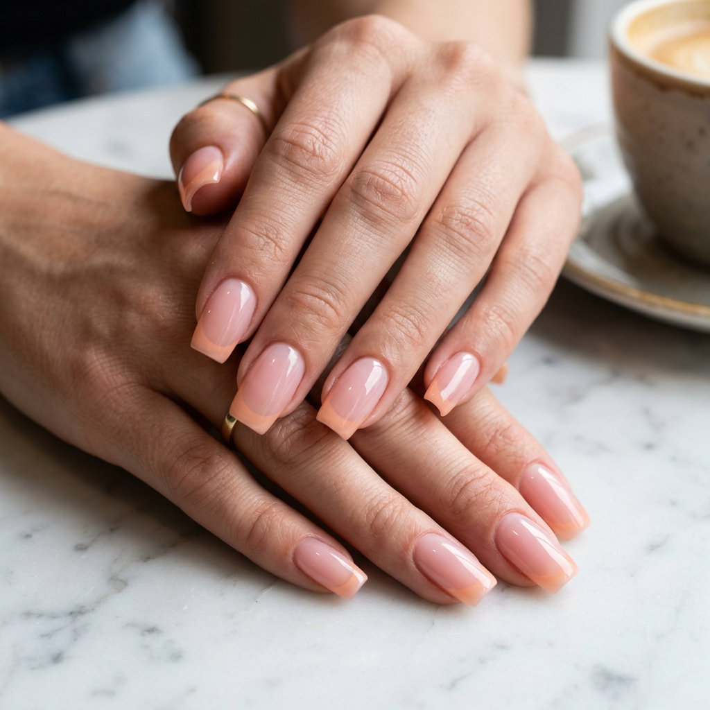 Sunset Peach Jelly French nails for June 2026 summer trends: sheer peach tips on pink base, almond shape.