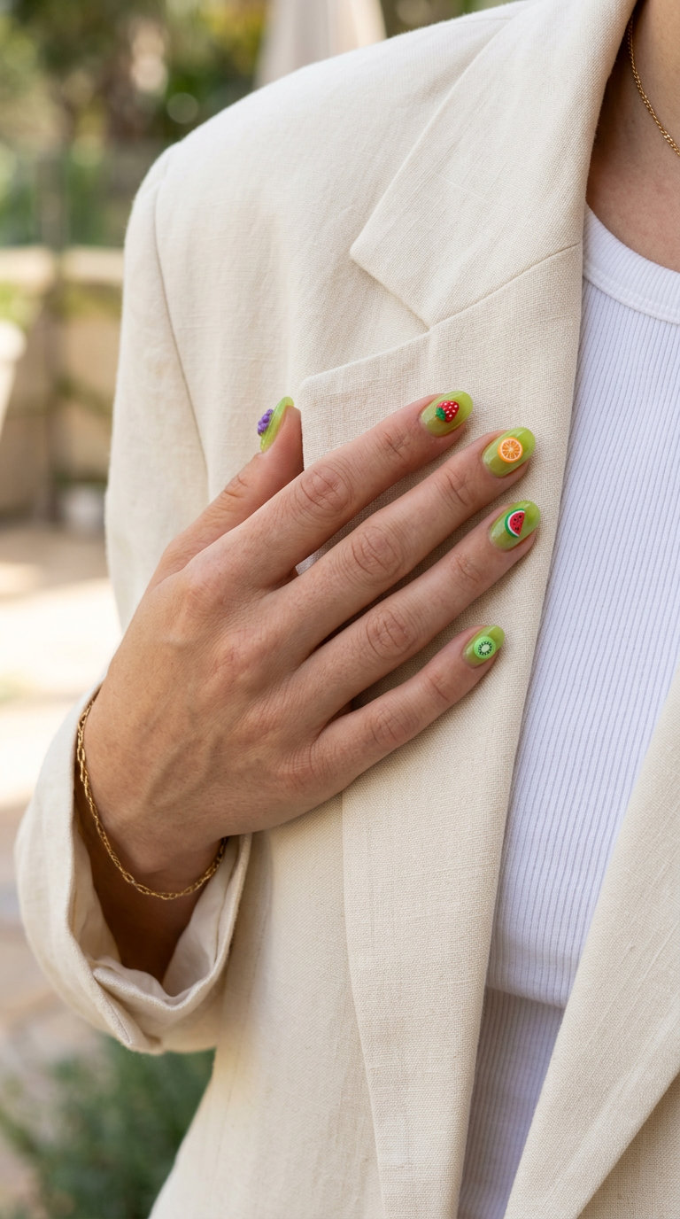 Tropical fruit charm nails for June 2026, playful vacation style. Short sheer lime green nails with mini fruit charms.
