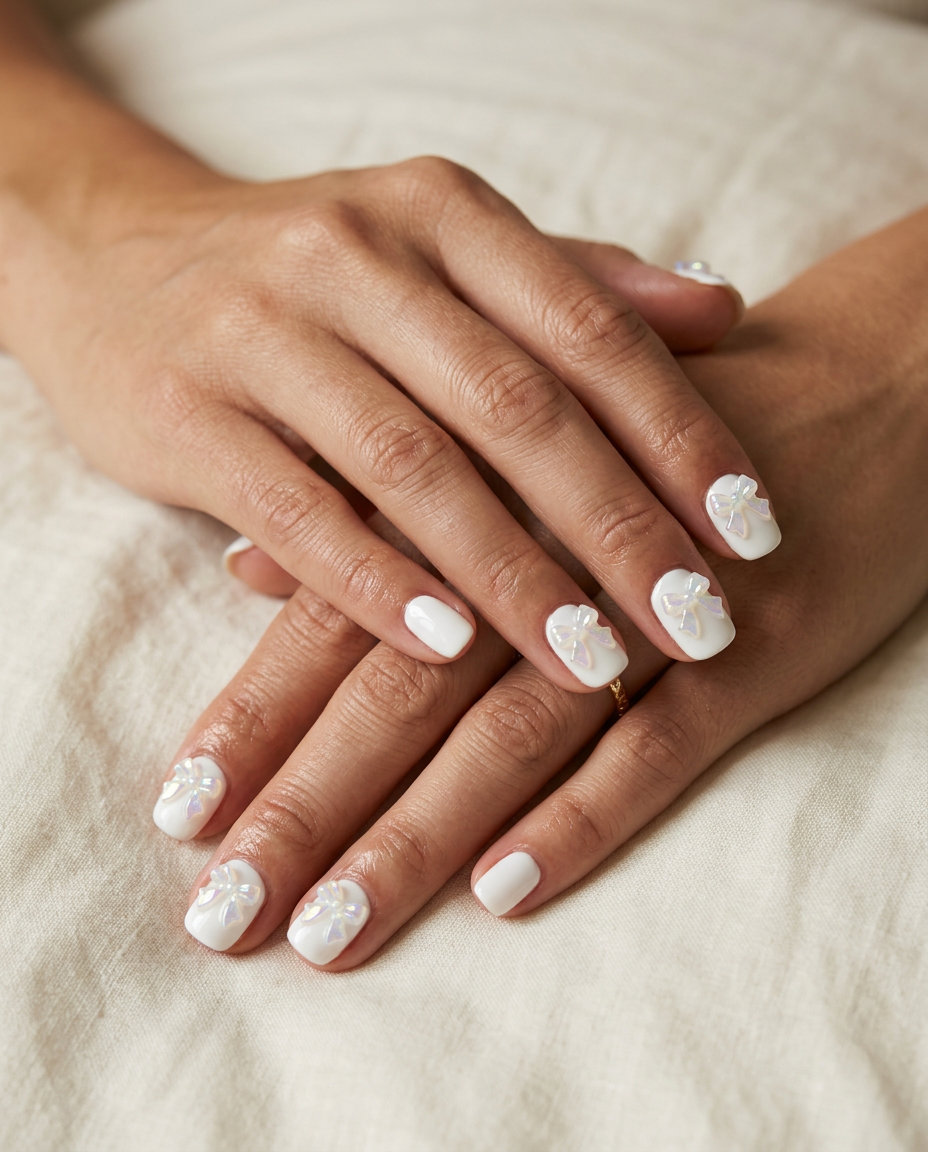 Bright white 3D bow nails for June 2026, sweet casual style. Short nails with charming pastel 3D bows.