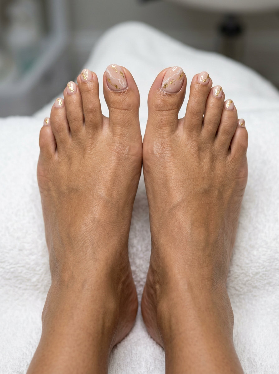 Elegant Nude Marble Gold pedicure for summer 2026. Sophisticated for weddings or date nights.