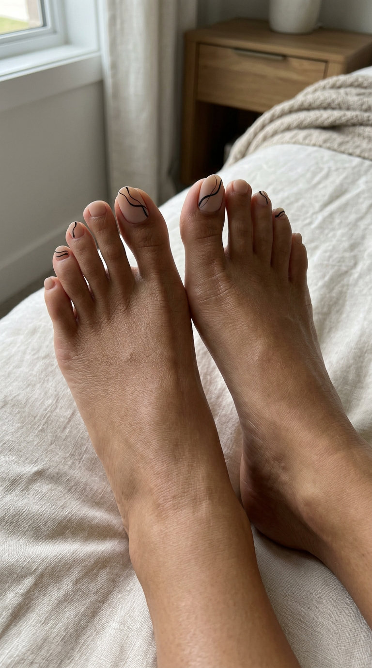 Minimalist nude toenails with abstract black lines, perfect for June toe nails ideas - best for summer 2026.