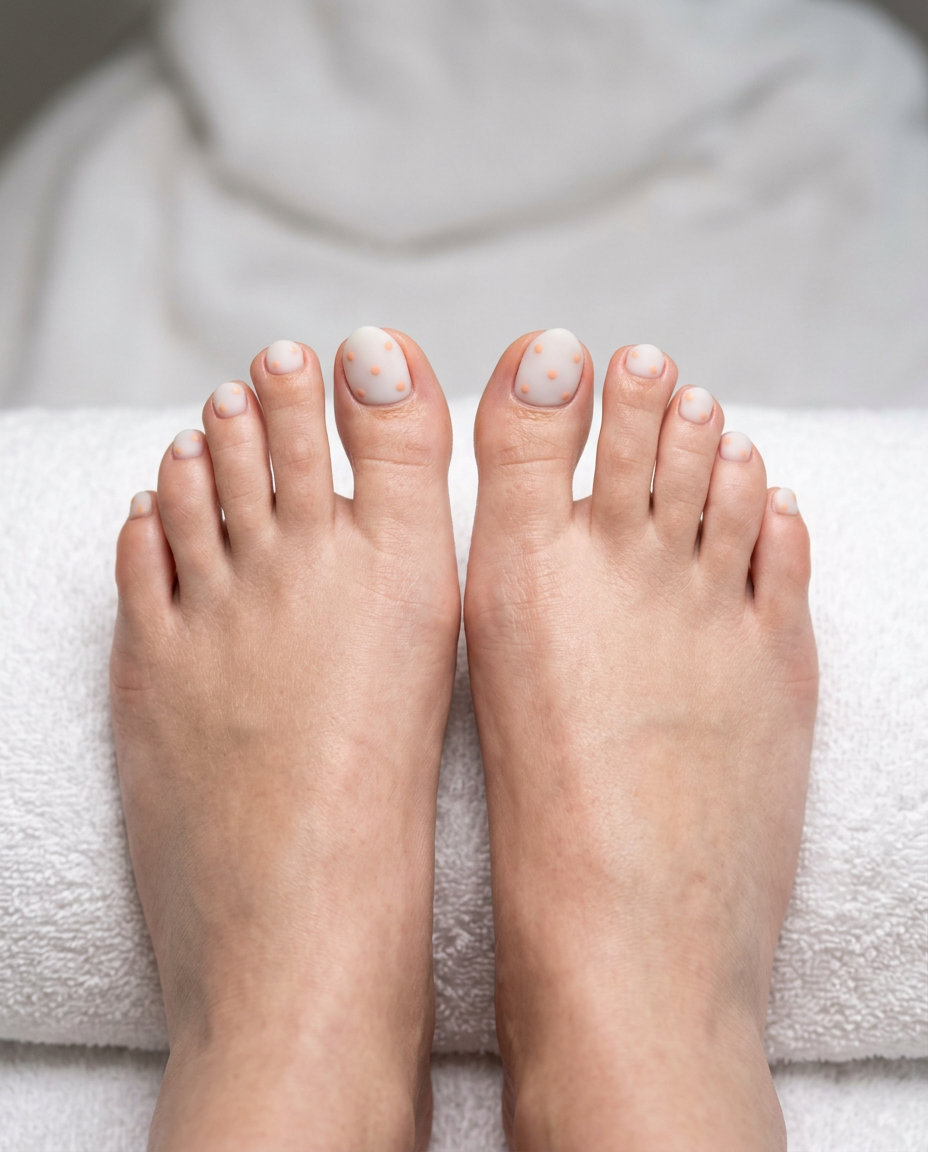 Sweet soft peach milky dots toenails, a minimalist choice for June toe nails ideas - best for summer 2026.