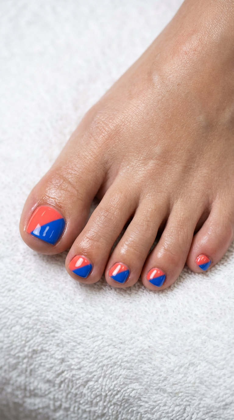 Bold tropical color block toenails in coral and electric blue for summer 2026 vacations and parties.