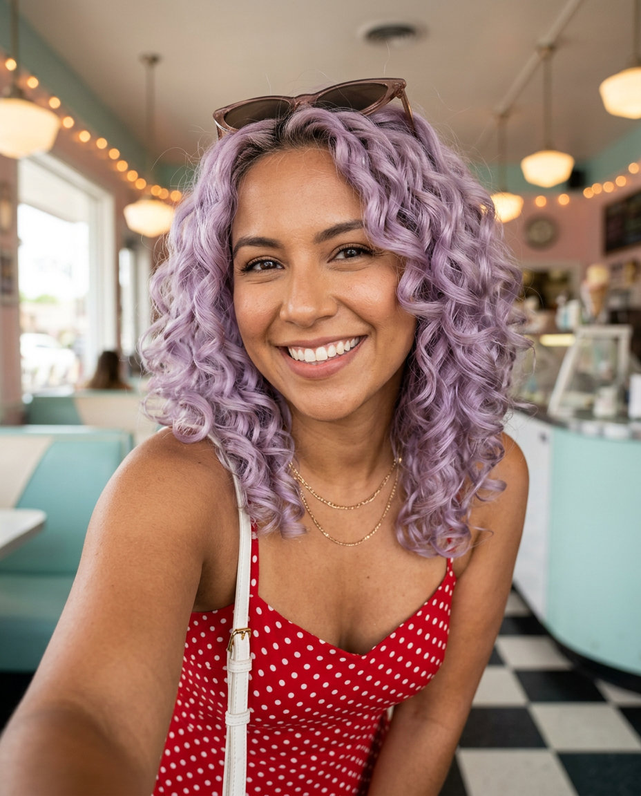 long lavender heatless curls with retro voluminous texture for summer