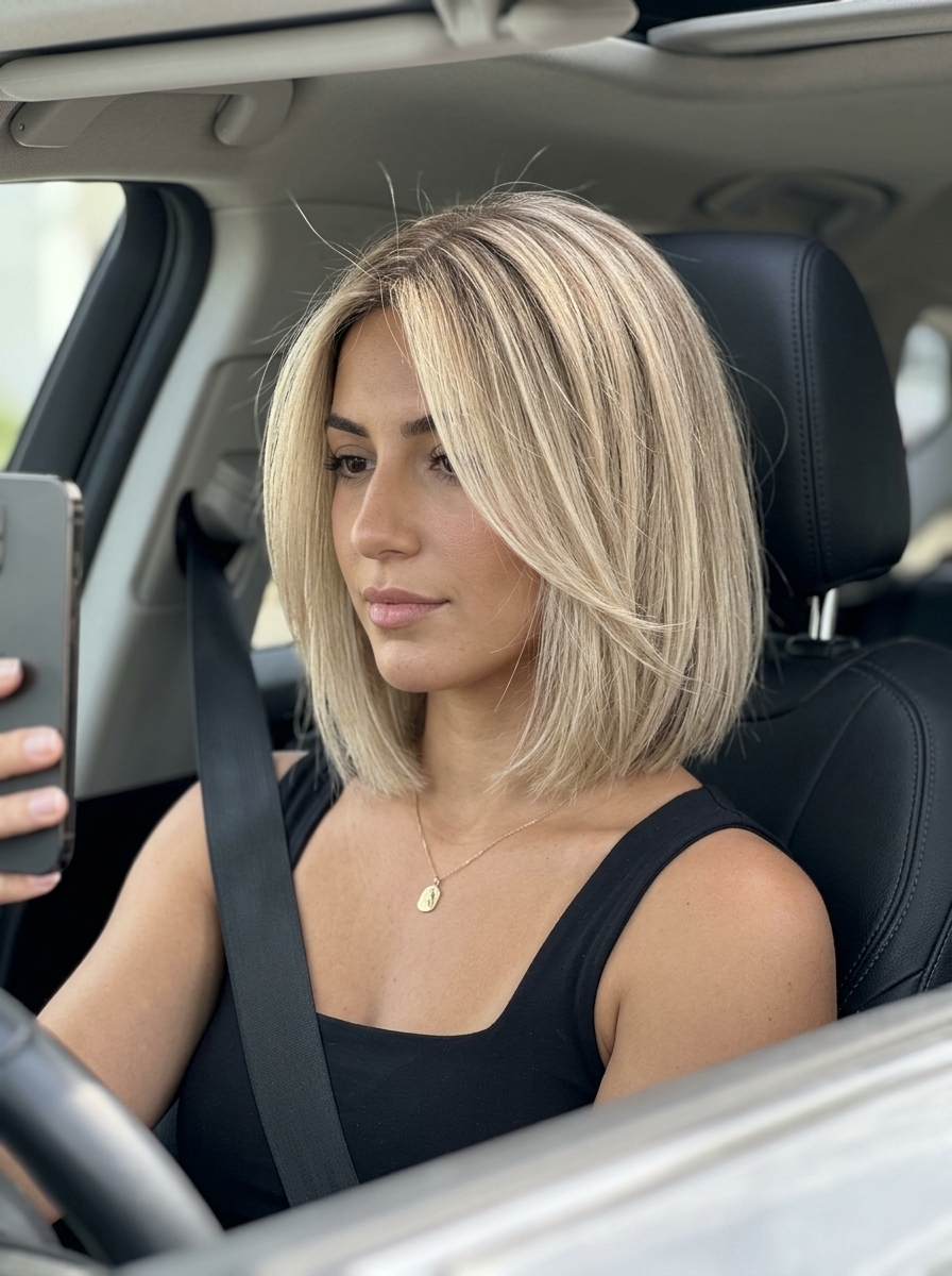 chin-length bob haircut in linen blonde with babylights and ash root smudge — chic and refined