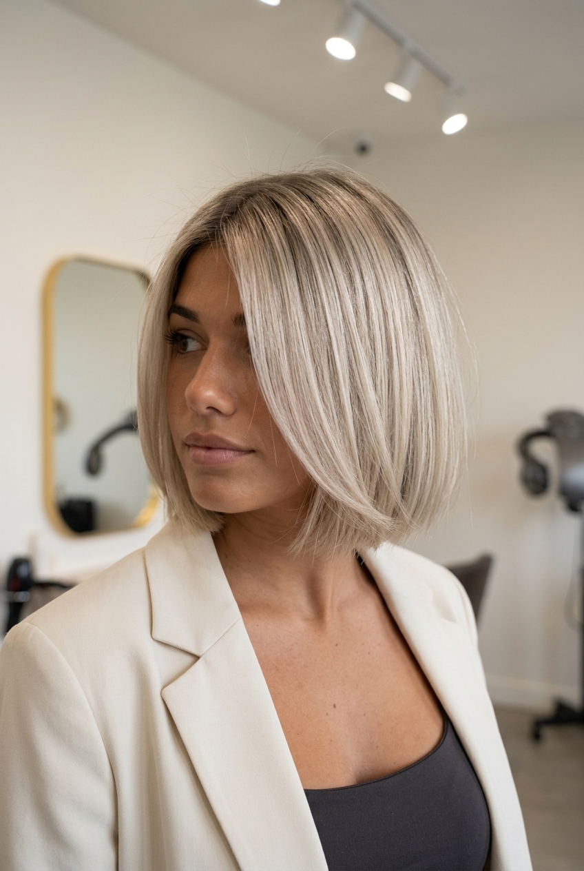 chin-length bob haircut with linen blonde, blunt perimeter and internal layering — sophisticated chic