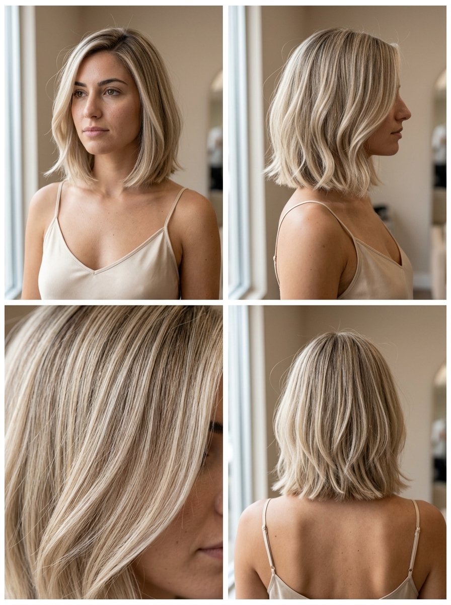 Elegant Linen Blonde Bob: Sophisticated Hair 2026 chin-length linen blonde bob with internal layering, blunt perimeter, and deep side part for elegant style