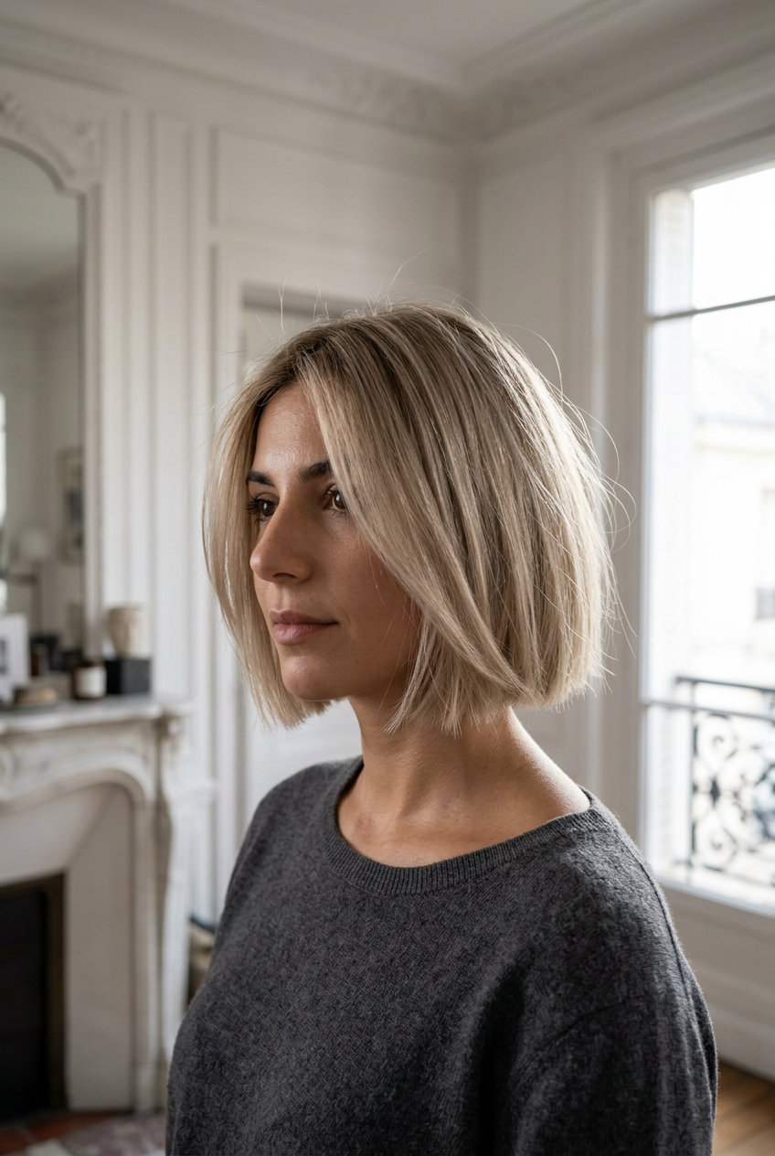 Linen Blonde French Bob: Chic Summer Hair 2026 chin-length linen blonde french bob with blunt perimeter, invisible layers, and no bangs for chic style