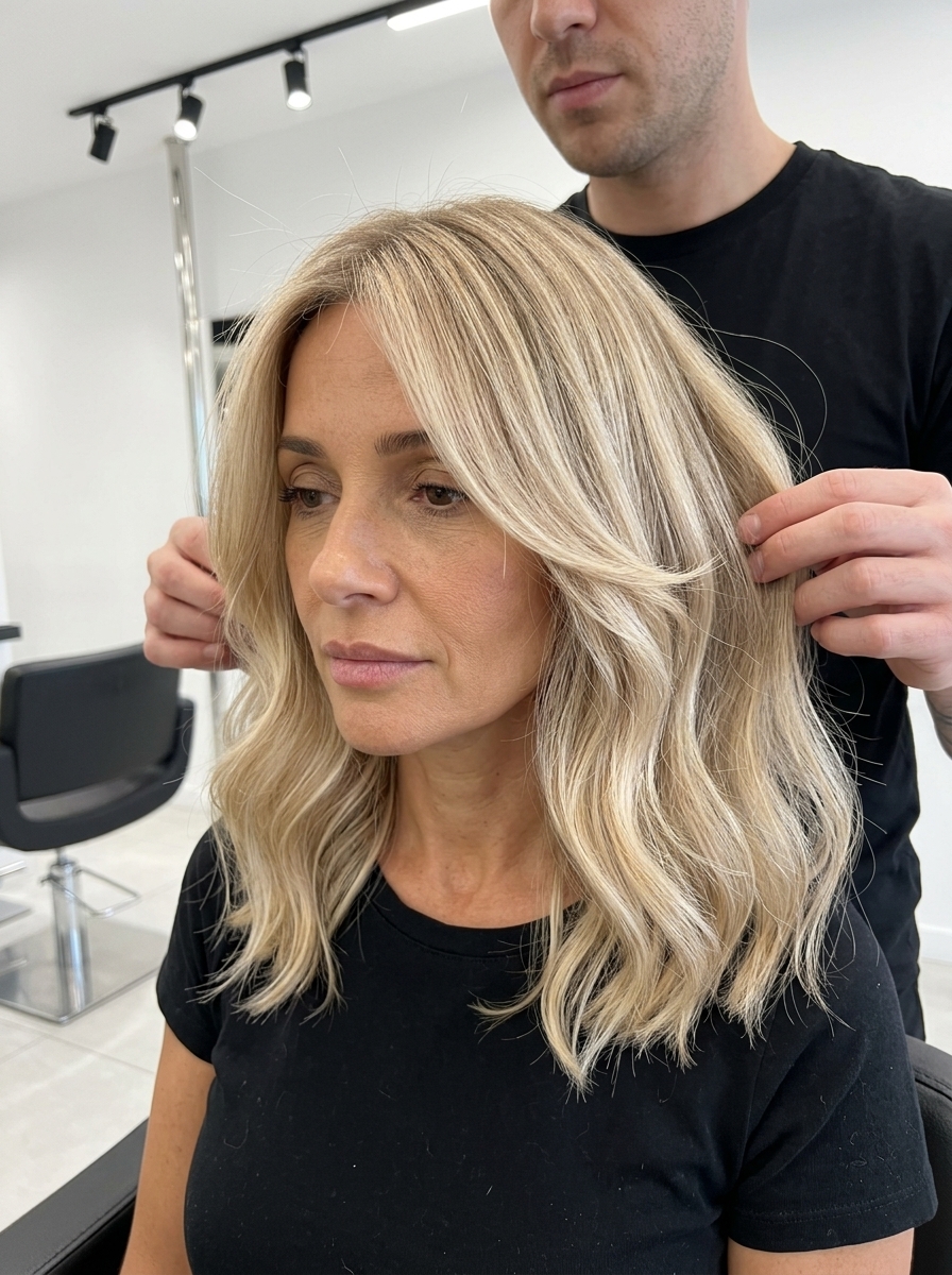 collarbone-length lob haircut in linen blonde with sand roots and face-framing layers for summer