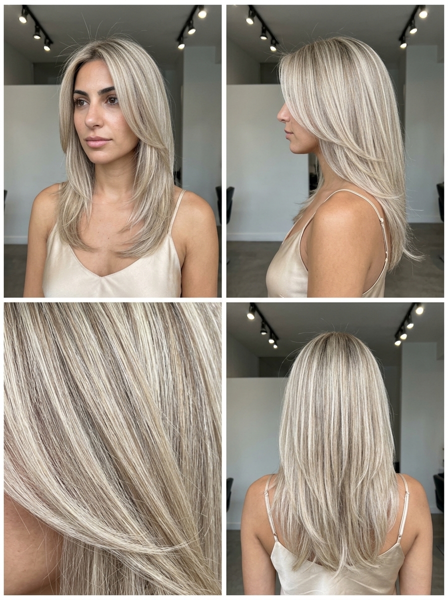 Linen Blonde Long Layers 2026 long layered linen blonde with babylights, subtle root smudge — sophisticated professional style