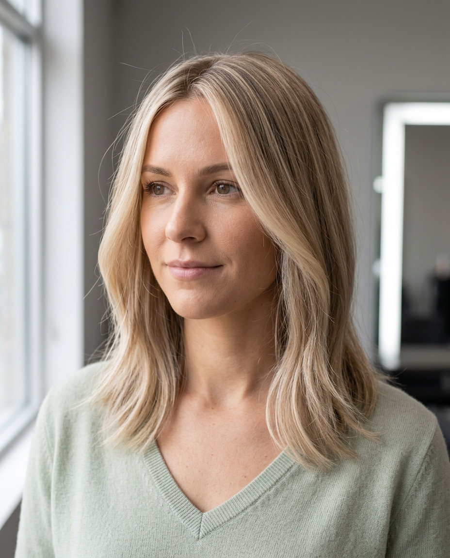 medium beige blonde hair with creamy babylights, Scandi hairline, no fringe — effortless summer style