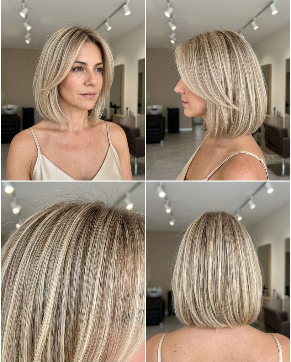 mid-length seamless layered haircut in linen blonde with sand root smudge for summer