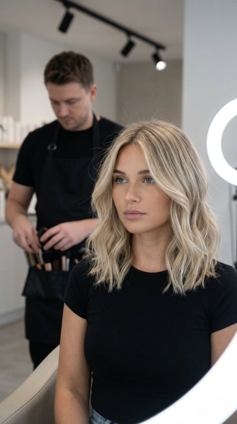 Linen Blonde Balayage Airy Lob 2026 shoulder-length textured lob haircut in Linen Blonde balayage with sandy highlights, invisible internal layers, soft blunt ends — playful bohemian summer lob