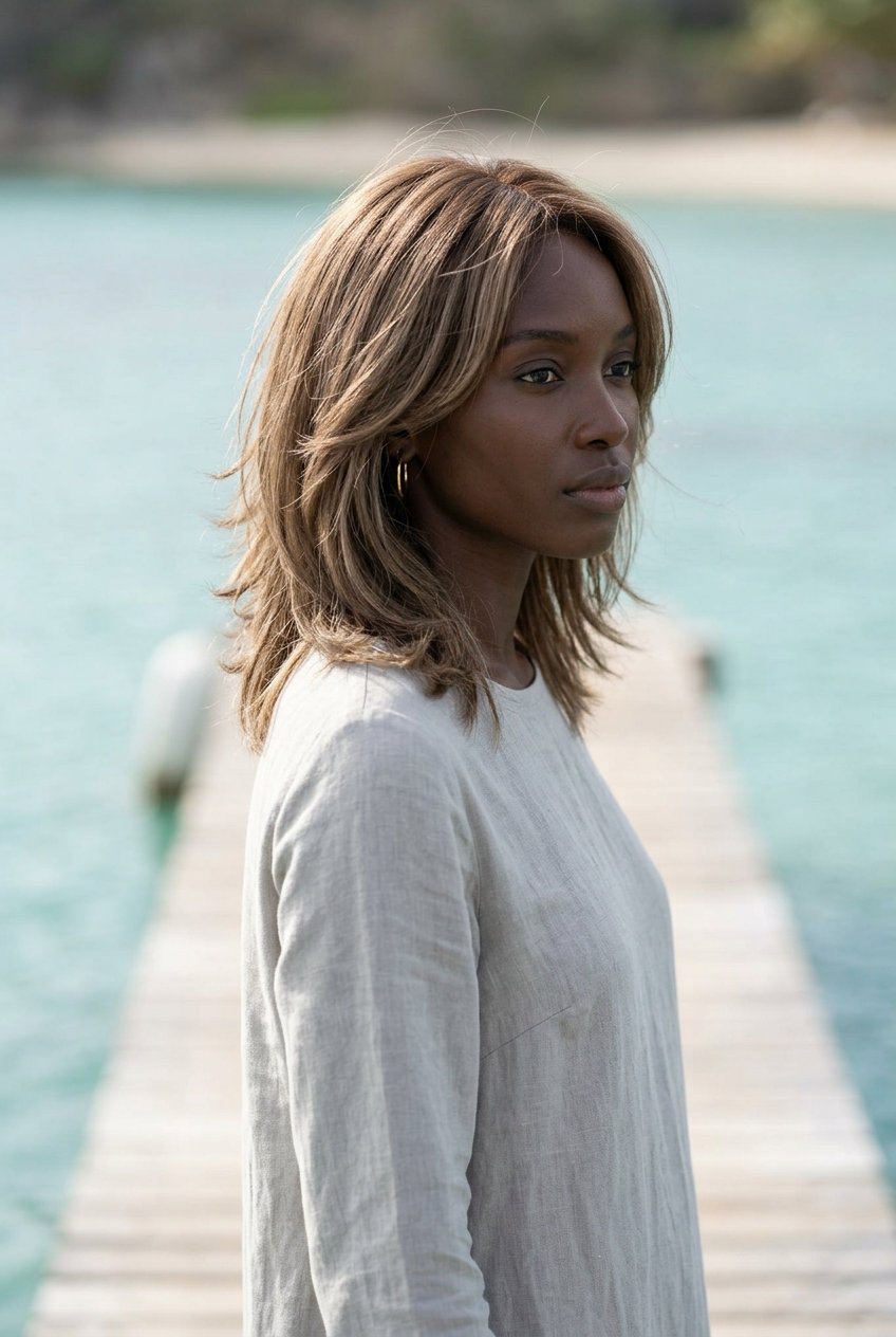 long shag hairstyle with neutral linen brown, soft waves, layered — effortless chic style