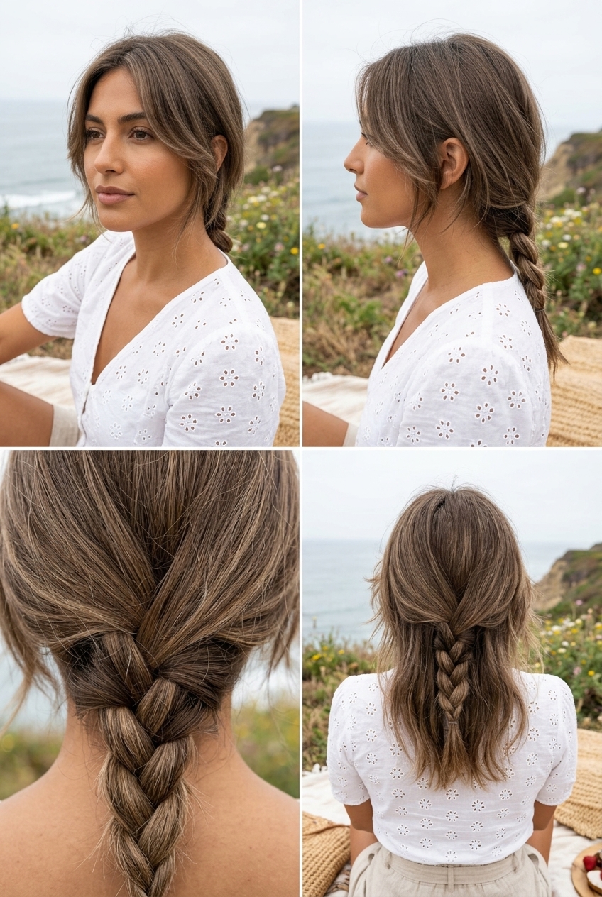 medium linen brown shag hairstyle with ash beige highlights and braided nape for summer