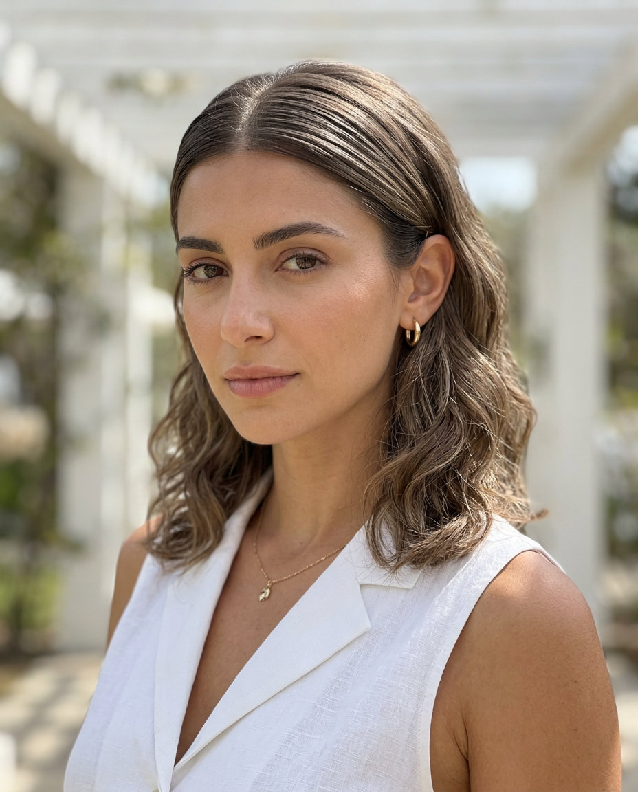 medium shag haircut with cool linen brown, slicked-back face-framing, layered — sophisticated professional style
