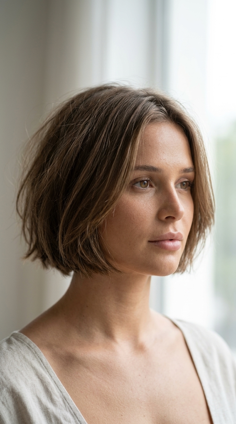 short bixie haircut with Linen Brunette color, face-framing layers, and piecey fringe for casual wear
