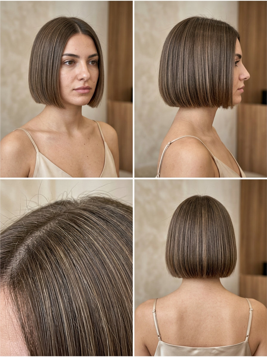 short blunt haircut with neutral linen brunette, subtle beige dimension and clean part for polished look