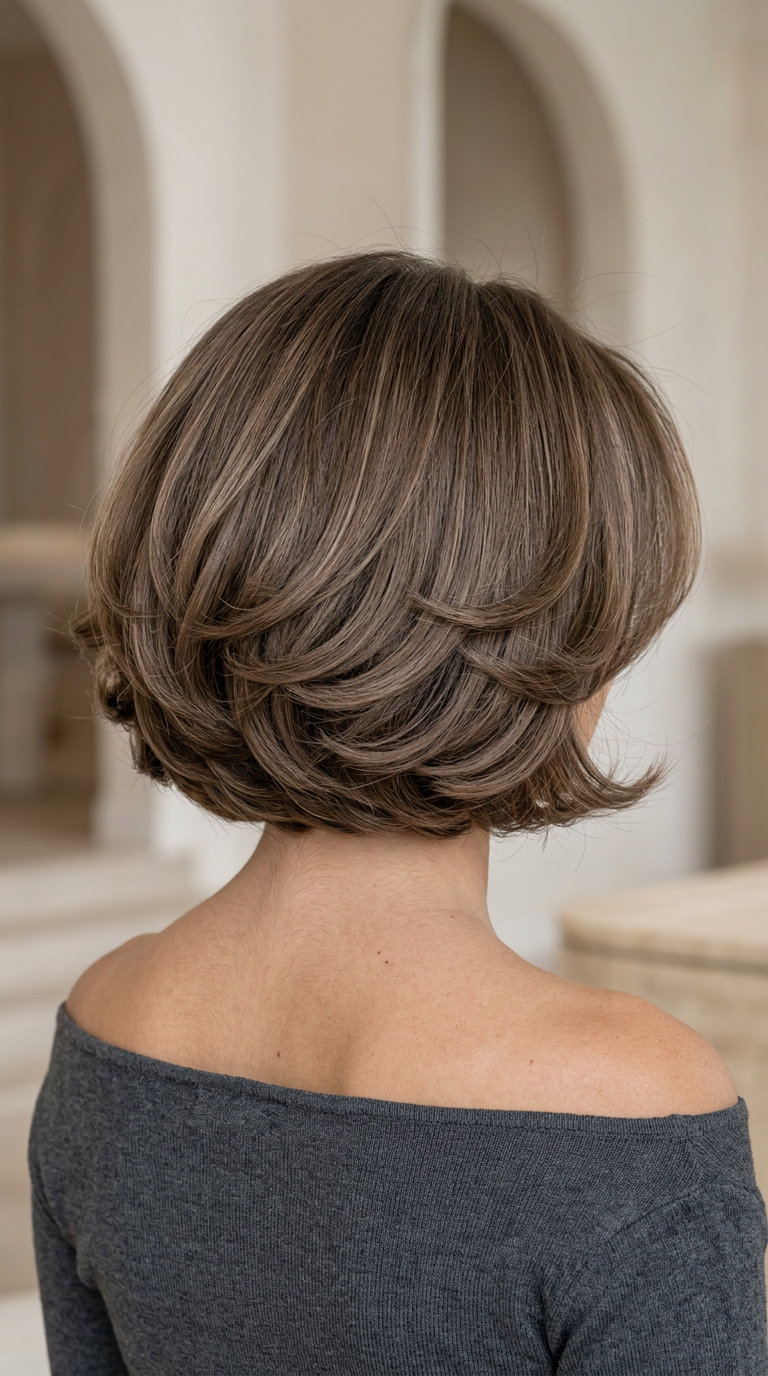 short linen brunette bob with beige micro-highlights, sculpted layers — sophisticated retro glamour
