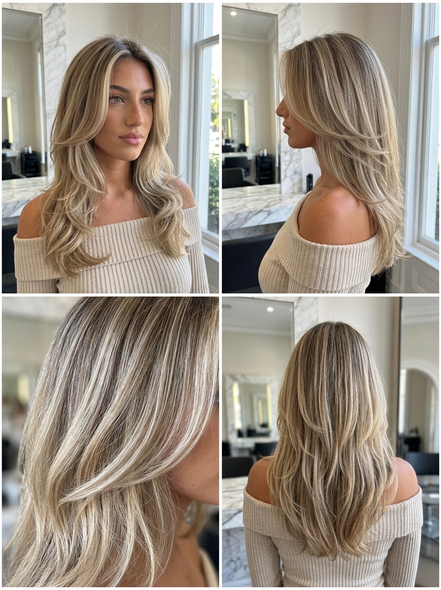 long layered haircut with linen blonde, sandy beige, and ash root for summer