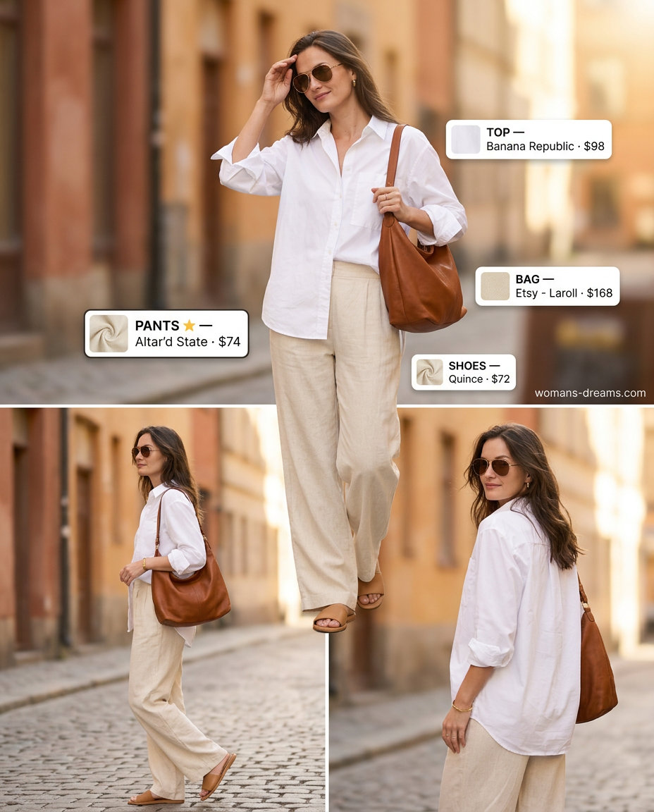 Linen Shorts & Oversized Shirt outfit for summer 2026. Light blue oversized shirt, tan slides, aviators, and slouchy bag.