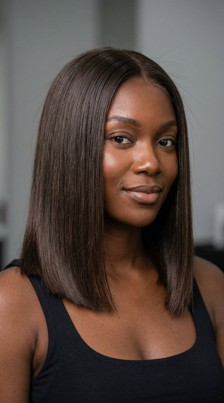 shoulder-length liquid brunette blunt lob with gloss finish for summer