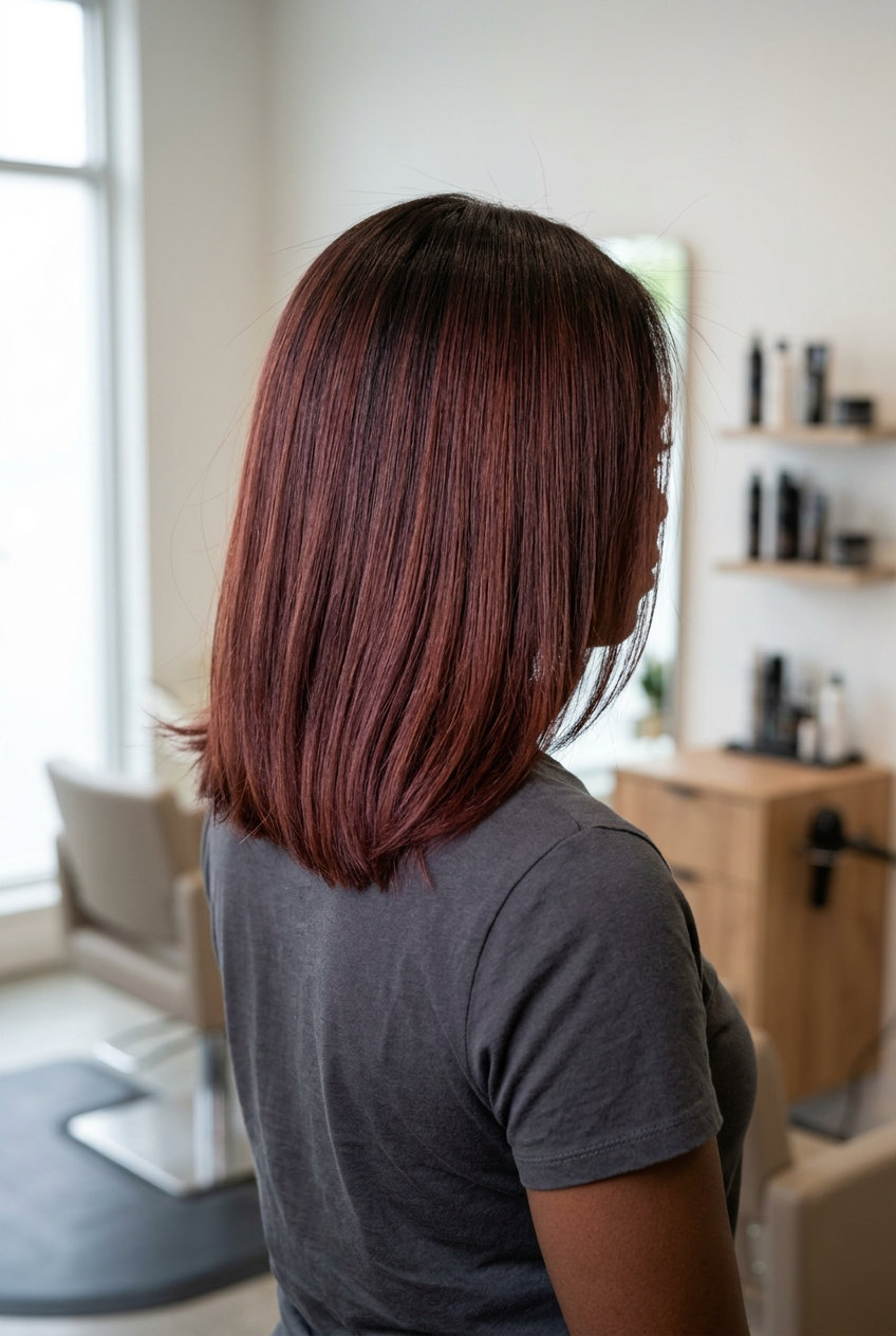 long mahogany auburn shadow root with cool undertones, diffused blend — edgy sophisticated date night