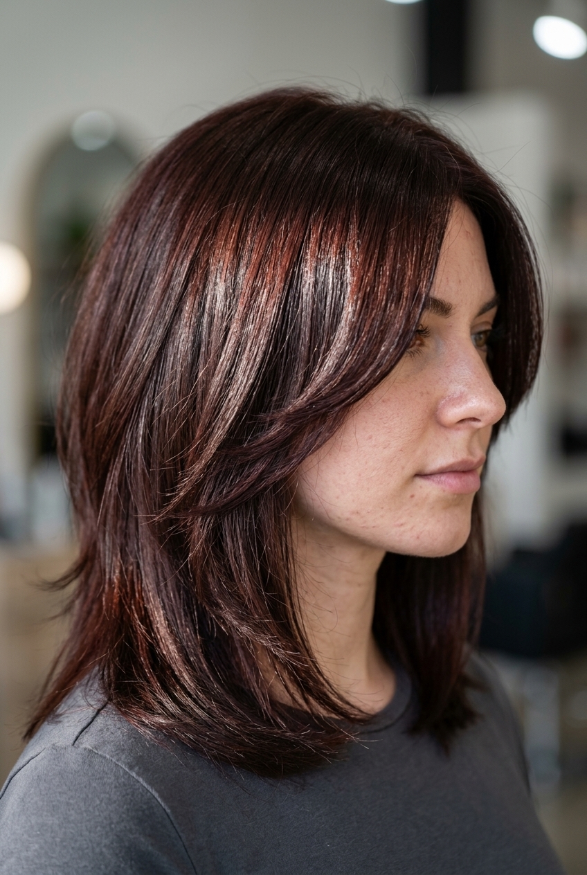 medium mahogany shag with plum undertones, crown volume layers, chin-sweeping face-framing — sophisticated elegant professional