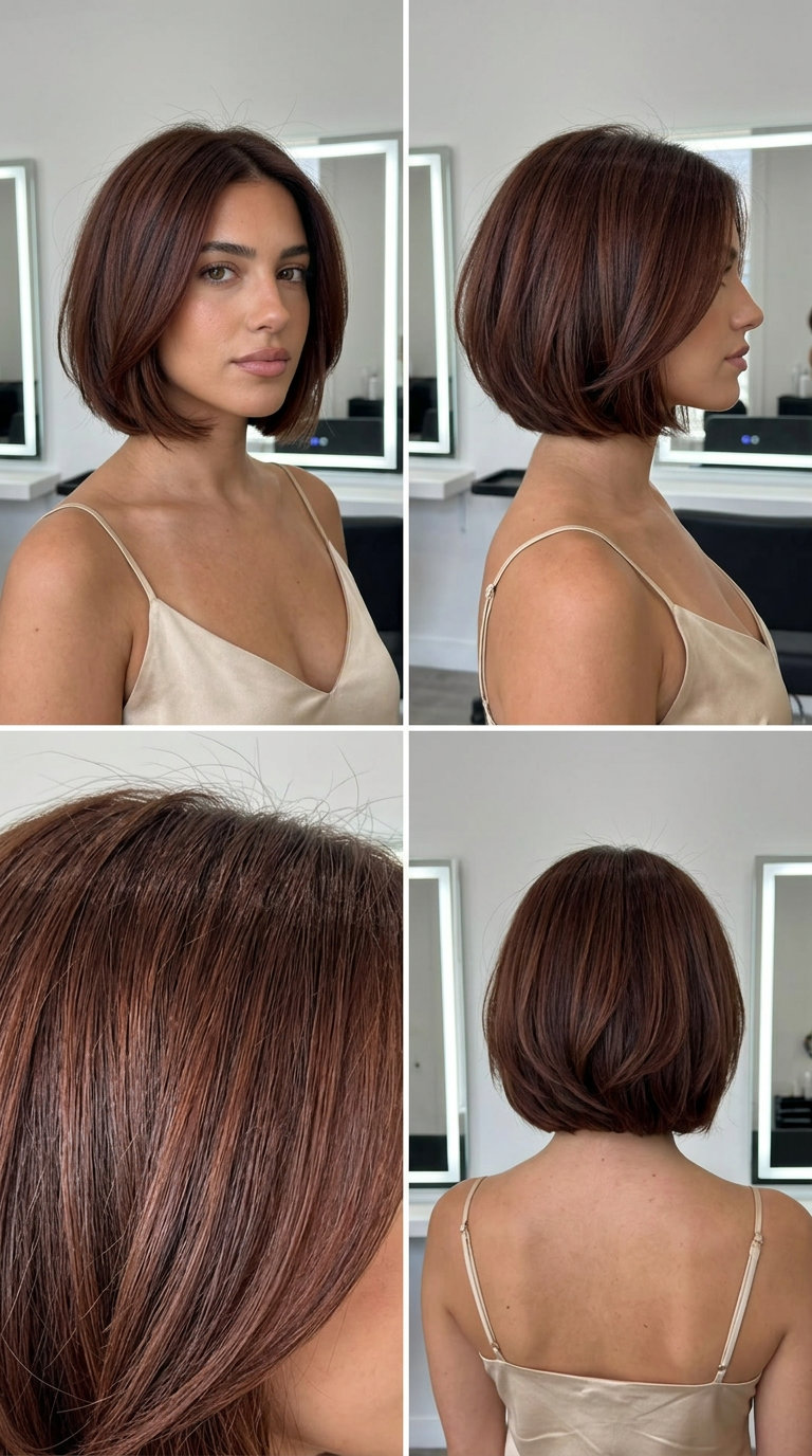 Executive Sculpt Bob 2026 short textured bob haircut with mahogany lowlights, stacked back, no bangs — powerful professional look