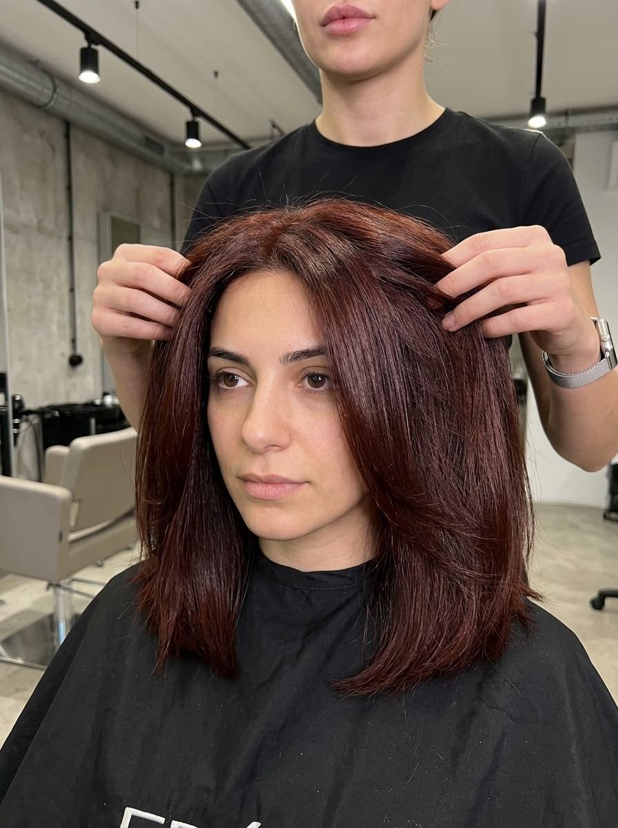 shoulder-length auburn hair color with mahogany undertones, single process for professional