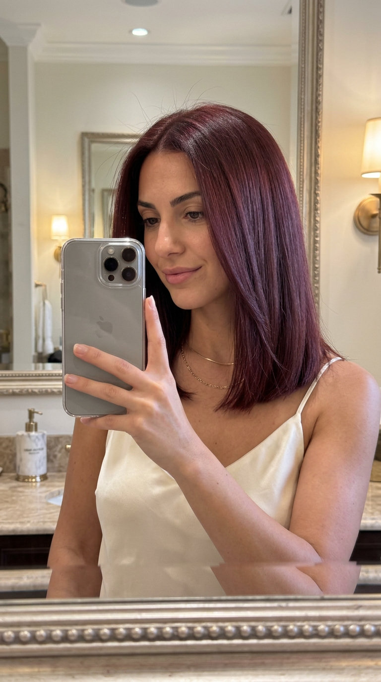 long merlot auburn all-over color with violet-red undertones, opulent finish — glamorous cocktail party