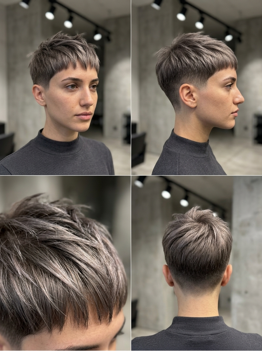 ultra-short cyberpunk mushroom pixie haircut with blunt micro-fringe and skin fade